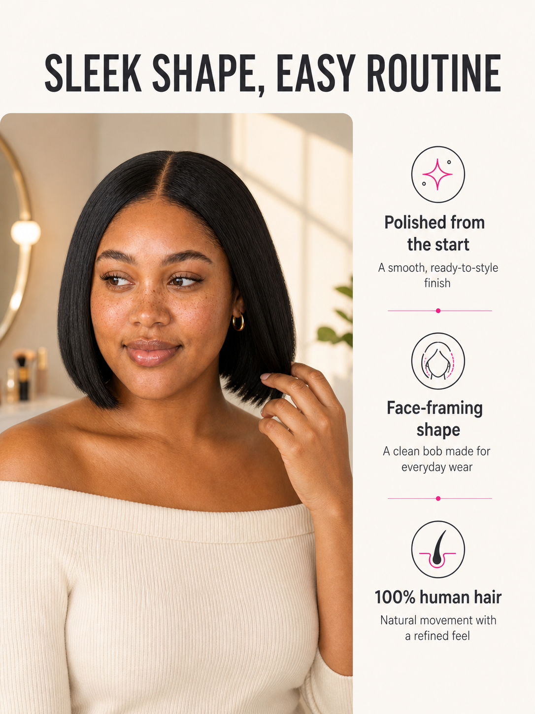 Signature Bob Wig Bye-Bye Slip Glueless Human Hair Wig Pre-Cut Sleek Face-Framing Natural Black Short Bob Beginner Friendly Everyday Wear